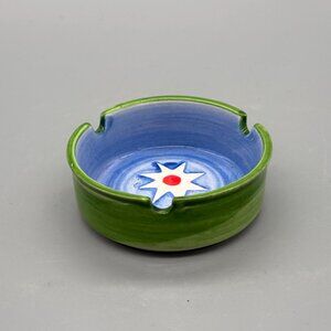 Vintage Hand Painted Ceramic Ashtray with Starburst Design in Blue and Green